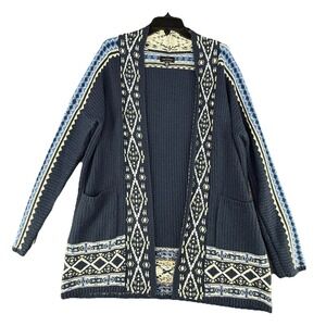 Lucky Brand Sweater Blue Aztec South Western Fringe Hem Cardigan Womens  Size L